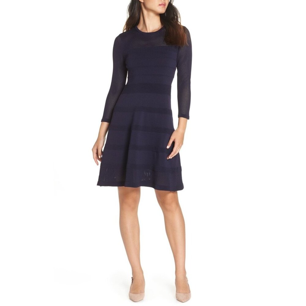 Vince Camuto Navy Blue‎ Mixed Stitch Pointelle Knit Fit & Flare Dress Size L